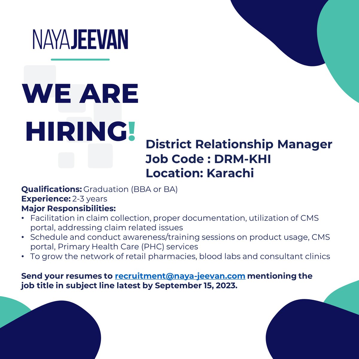 Join our team as a District Relationship Manager (DRM) in Karachi!

Send your resume to recruitment@naya-jeevan.com mentioning the job title.

#NayaJeevan #CareerOpportunity #JobPost #DistrictRelationshipManager #Karachi #Pakistan