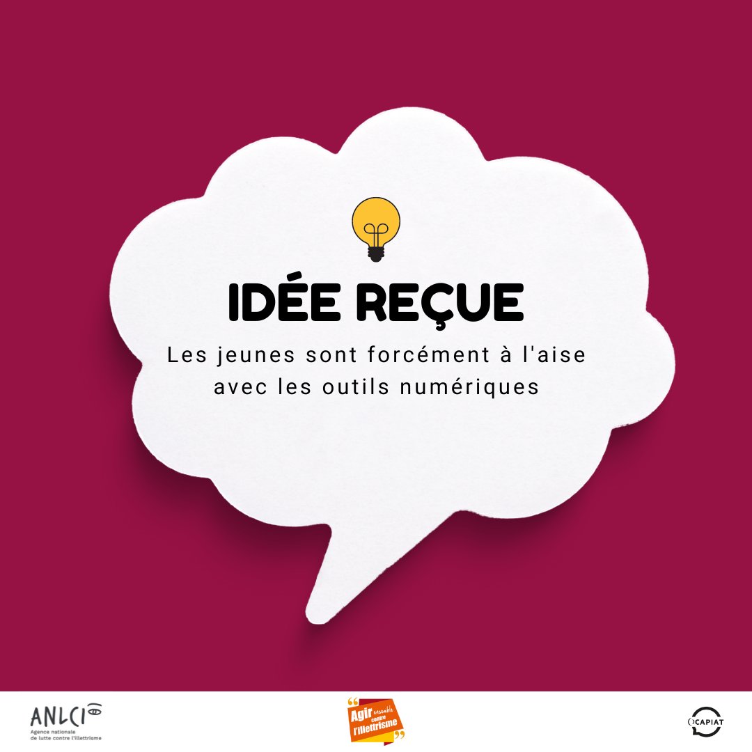 ❌FAUX ! C'est une idée reçue. 36% des 18-24 ans rencontrent au moins une difficulté en lecture, écriture ou calcul, impactant leurs capacités à utiliser pleinement les outils numériques

#JNAI2023 #illettrisme #idéesreçues