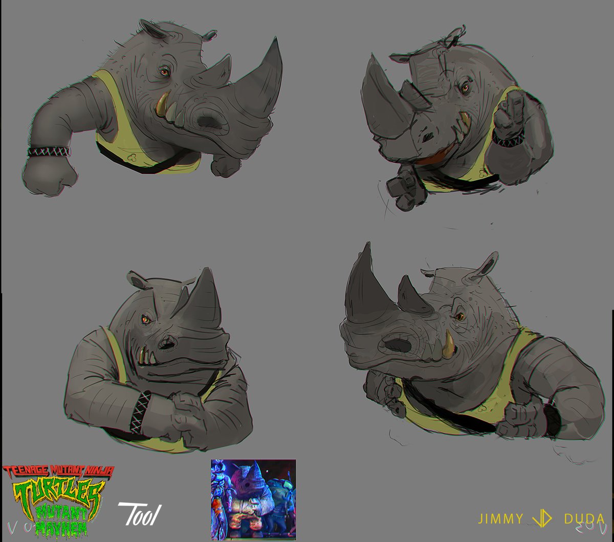 JimmyDuda3's tweet photo. Some #illustrations and #pose #sketches I did for the new @TMNTMovie and @pizzahut cross promo! First up #rocksteady. #characterdesign by Woodrow White, based on a #characterpainting by @SeanSevestre #visdev #conceptart #MutantMayhem #animation https://t.co/YQg5lknPk9