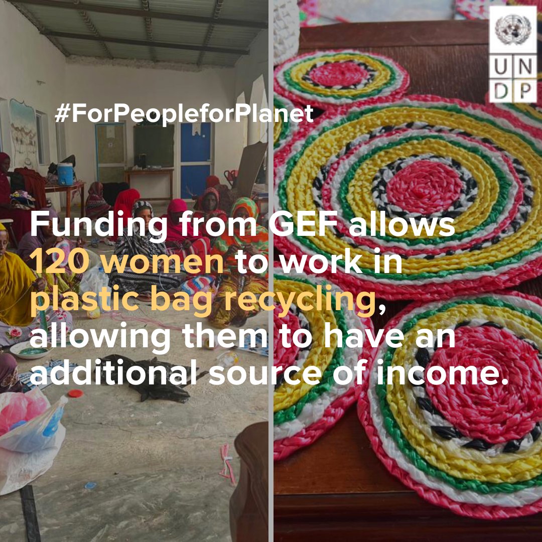 Thanks to @GEF_SGP, 120 Djiboutian #women in the Tadjourah region could have additional sources of income by collecting & turning plastic into handcrafted objects. Fighting against plastic pollution has become a way to empower them through recycling #GEFassembly2023