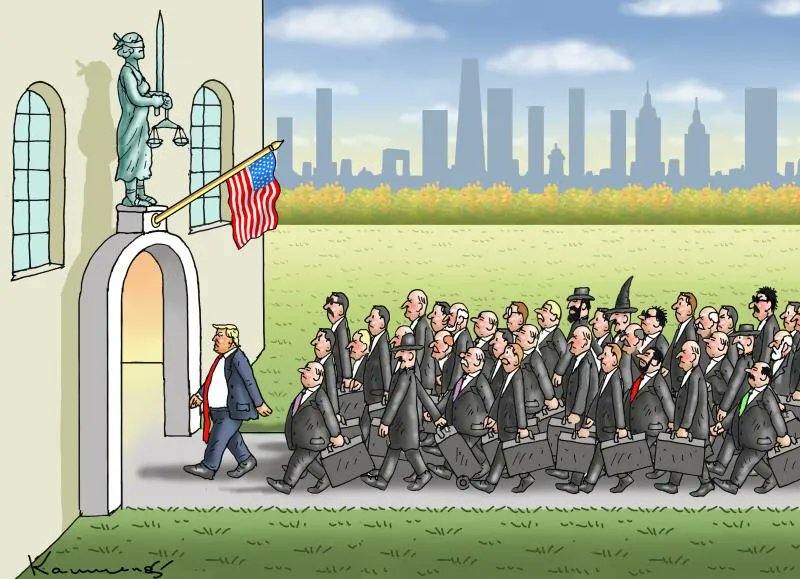 Trump goes to court. Cartoon by Marian Kamensky: cartoonmovement.com/cartoon/trumps…

#Trump #TrumpIndicted #justice #lawyers