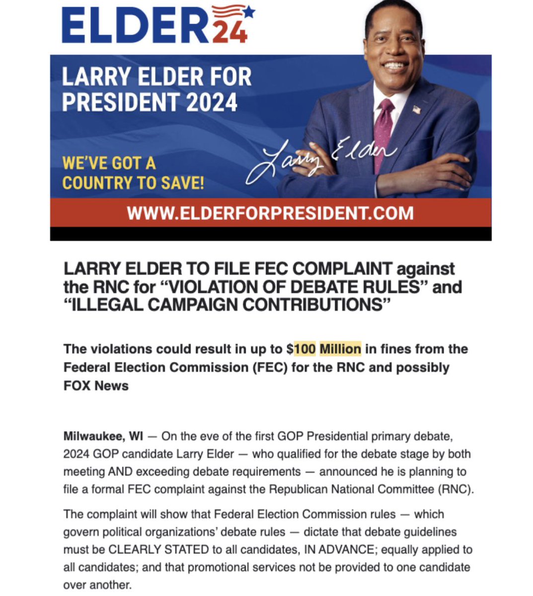 larryelder's tweet photo. If the RNC does not reverse their decision by 2pm CT and acknowledge that I met all criteria for entry into the presidential debate, I intend to file an FEC complaint for violation of debate rules and illegal campaign contributions.

FEC rules governing debates are clear that rules must be clearly stated to all candidates in advance and equally applied.

The FEC could deem the RNC’s and FOX News’ free national TV airtime and free promotional activities to SELECT candidates as “ILLEGAL CAMPAIGN CONTRIBUTION TO CANDIDATES” — with the premise being that, free national TV airtime comes with an extraordinary real-dollar value to candidates who are arbitrarily allowed onto the stage under a certain set of rules — while other candidates are arbitrarily kept off the stage through a different set of rules. Fines for this violation could total hundreds of millions of dollars.