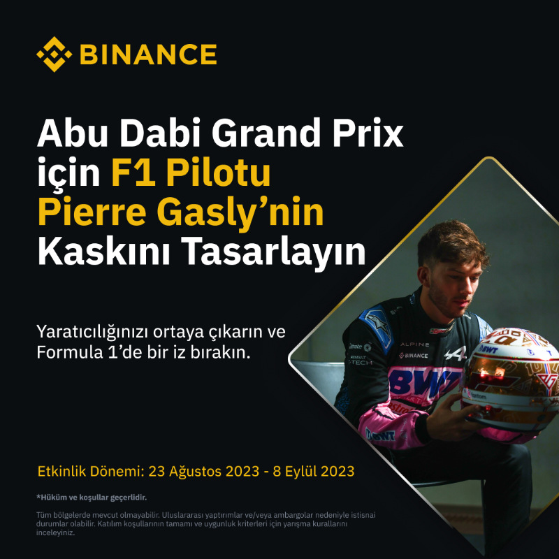 Binance_Turkish's tweet photo. İşte @PierreGASLY'nin F1 kaskını tasarlama fırsatı!
Pierre, kazanan tasarımı Kasım ayındaki Abu Dabi yarışında tüm hafta sonu boyunca giyecek.
En iyi tasarım kazansın!
#GASLYxBinance