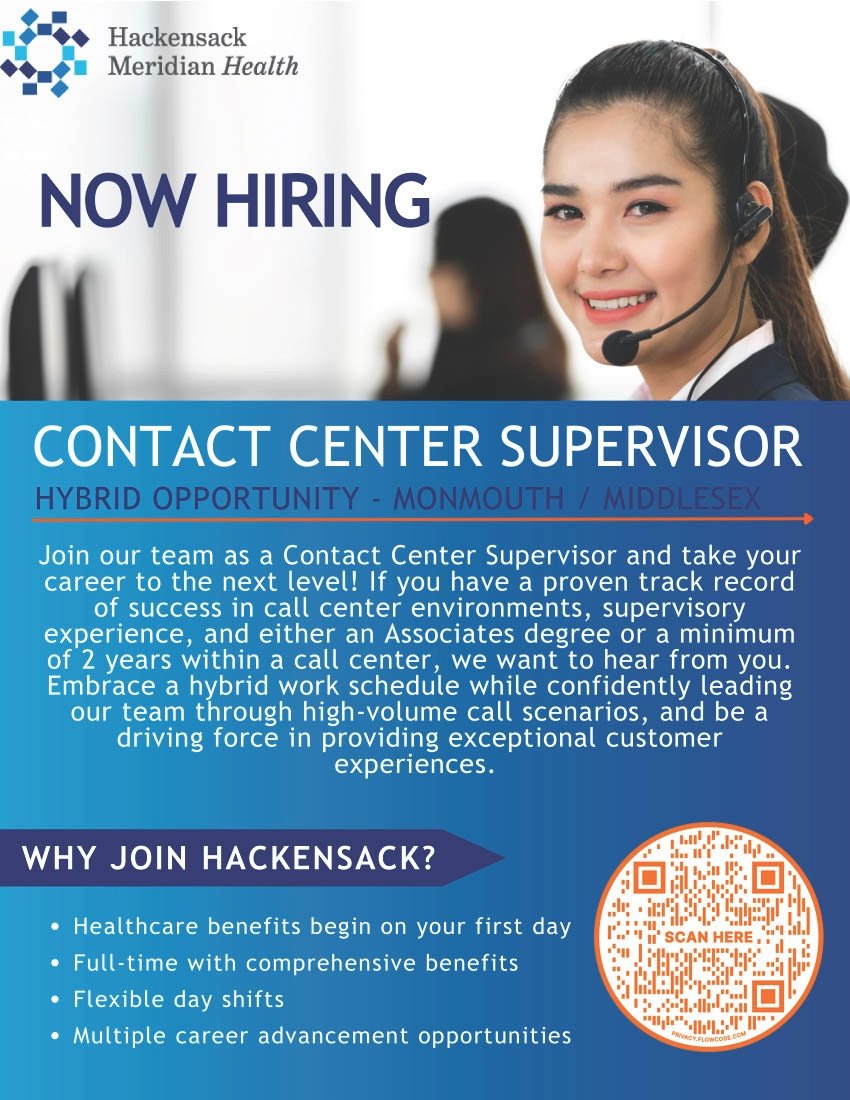 OceanCountyPIC's tweet photo. Hackensack Meridian Health is looking to hire Contact Center Supervisors. If you have call center experience scan the QR code and fill out the interest form. https://t.co/U4J5PfRRVk