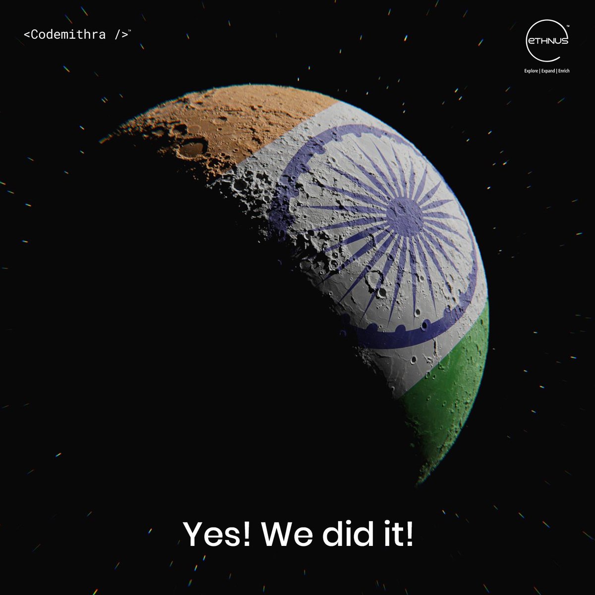 ethnus's tweet photo. India's Triumph on Lunar Soil: Chandrayaan 3 Touches Down with Precision

#Ethnus #Codemithra #EmergingUs #Chandrayaan3 #India #ISRO #MoonMission  #SpaceExploration https://t.co/RaLGGxo0N4