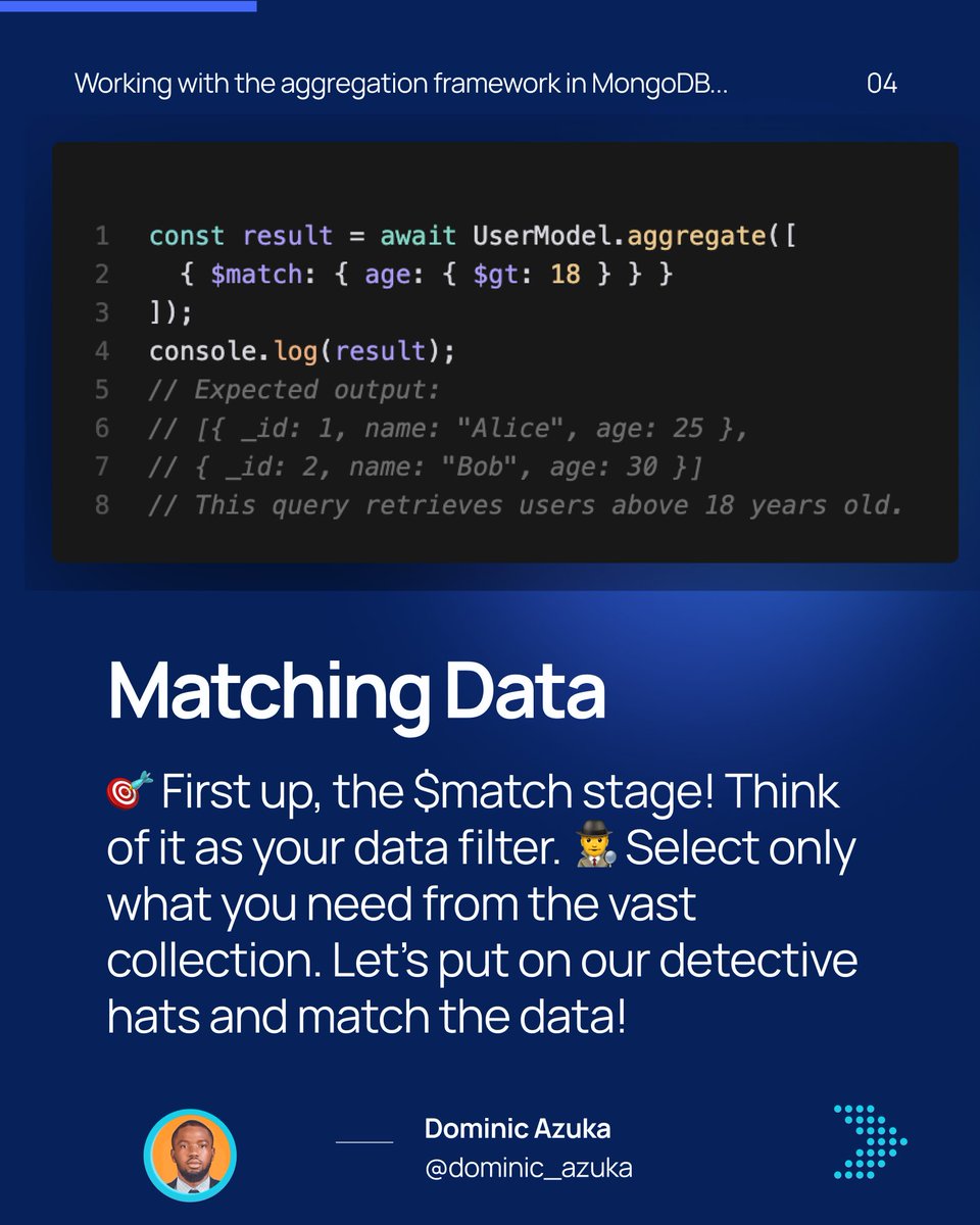 dominic_azuka's tweet image. 🎯 Dive into the heart of data filtering with MongoDB Aggregation's $match stage! Select what you need, discard the rest. #DataFiltering #MatchStage