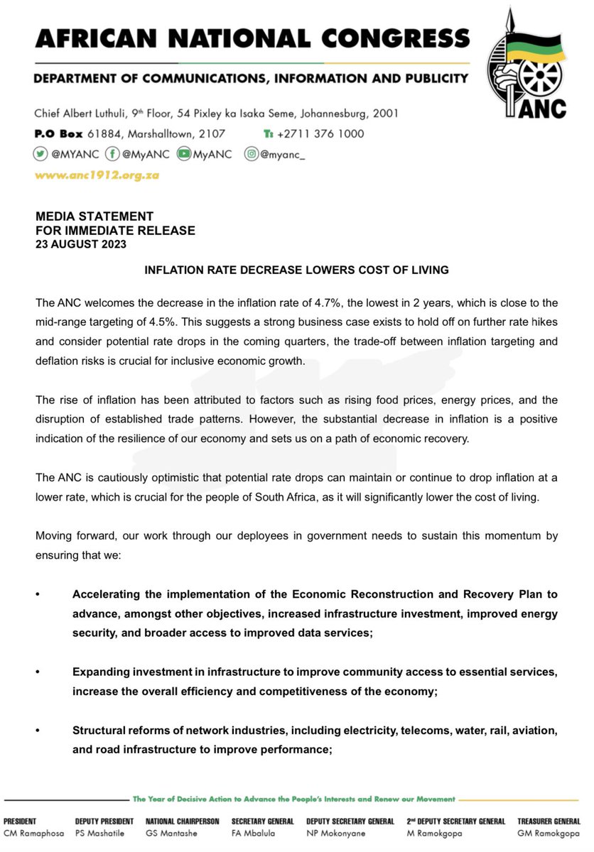 MYANC's tweet photo. Inflation Rate drops to 4.7 per cent the lowest in 2 years 

#ANCatWork 
#RegisterToVoteANC https://t.co/PYAUdtCXFe