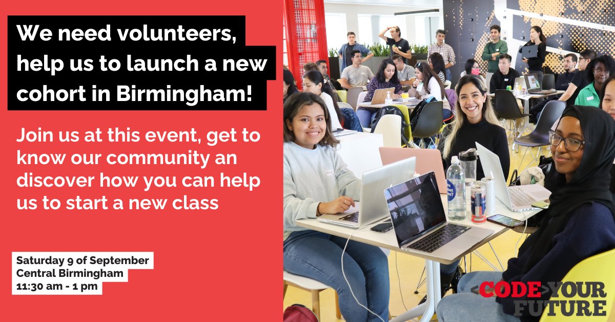 CodeYourFuture (@codeyourfuture) on Twitter photo We need #volunteers, help us to launch a new #class in #Birmingham Join us at this #event to discover how to help: eventbrite.co.uk/e/705285015467…
Please help us sharing <a href="/ngbrum/">Angular Birmingham</a> <a href="/OpenCodeClub/">OpenCode</a> <a href="/CodeUpUK/">CodeUp UK</a> <a href="/innobham/">Innovation Birmingham</a> <a href="/entrepreneurs4f/">e4f</a> <a href="/DigiLeaders/">Digital Leaders</a> <a href="/bhambizjrnl/">Birmingham Business Journal</a> <a href="/blackcatsolutns/">BlackCat Technology Solutions</a> <a href="/wlv_uni/">University of Wolverhampton</a> We need #volunteers, help us to launch a new #class in #Birmingham Join us at this #event to discover how to help: eventbrite.co.uk/e/705285015467…
Please help us sharing <a href="/ngbrum/">Angular Birmingham</a> <a href="/OpenCodeClub/">OpenCode</a> <a href="/CodeUpUK/">CodeUp UK</a> <a href="/innobham/">Innovation Birmingham</a> <a href="/entrepreneurs4f/">e4f</a> <a href="/DigiLeaders/">Digital Leaders</a> <a href="/bhambizjrnl/">Birmingham Business Journal</a> <a href="/blackcatsolutns/">BlackCat Technology Solutions</a> <a href="/wlv_uni/">University of Wolverhampton</a>