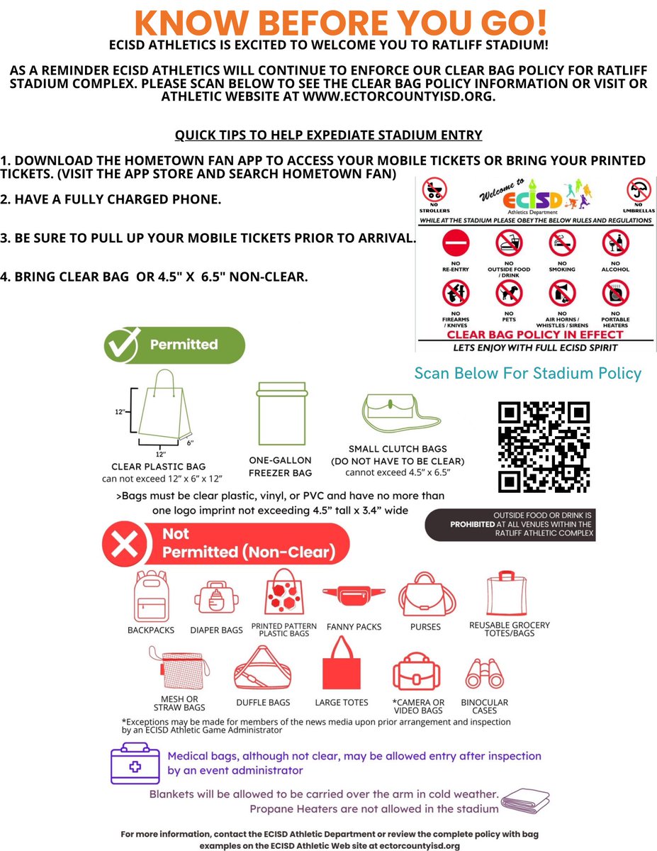 Greetings <a href="/EctorCountyISD/">Ector County ISD</a> Athletic Fans! We are excited to welcome you to back to Ratliff Stadium! Please be sure to review our 23-24 Clear Bag Policy &amp; Stadium Safety Guidelines.  We look forward to seeing you soon! <a href="/OHSBronchoFB/">OHS Football</a> <a href="/bronchosodessa/">Odessa Bronchos Football Booster</a> <a href="/MOJOFB1/">Permian Panthers Football</a> <a href="/OdessaPermian/">Odessa Permian Panthers *OFFICIAL*</a>