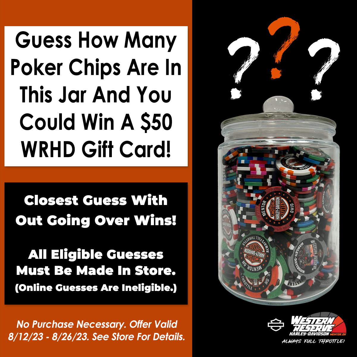 WRHD's tweet image. Only 3 days left! Winner receives a $50 WRHD gift card. Closest guess, without going over wins.

Guesses must be made in store! No purchase necessary. Gift card may not be used towards the purchase of a motorcycle.

So, head on down to the dealership and take your best guess!
