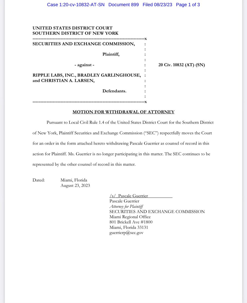 EleanorTerrett's tweet image. 🚨NEW: The @SECGov files a motion for withdrawal of one of its attorneys in the @Ripple case. 

“Ms. Guerrier is no longer participating in this matter. The SEC continues to be
represented by the other counsel of record in this matter.”