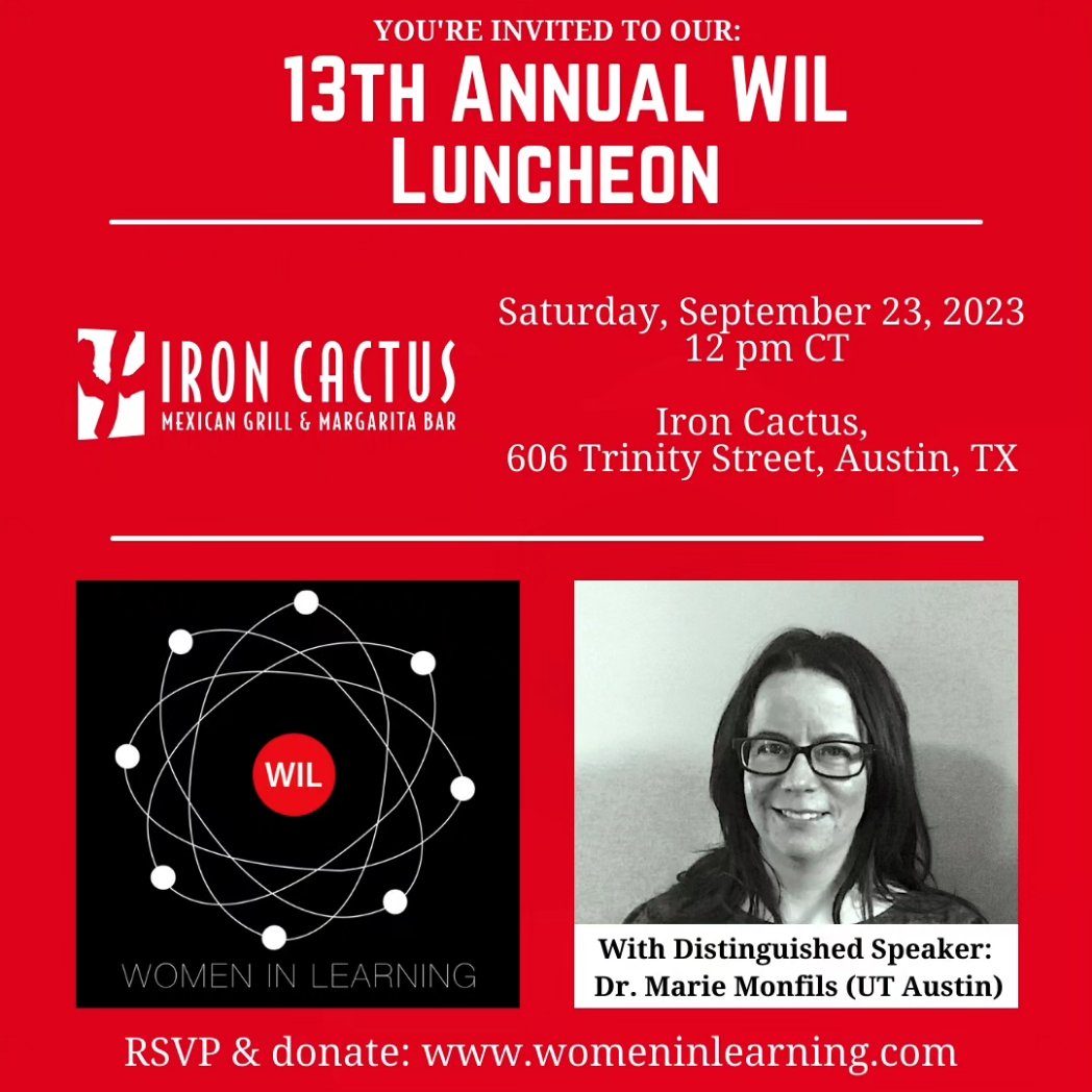 WomeninLearning's tweet image. We are ONE MONTH away from our 13th Annual Luncheon!

WHEN: Sat., 9/23, 12 pm CT 
WHERE: Iron Cactus ATX

Break bread with friends &amp;amp; colleagues while welcoming @MarieMonfils as our Distinguished Speaker!

RSVP &amp;amp; donate here: womeninlearning.com 

#WILwednesday @PavlovSociety