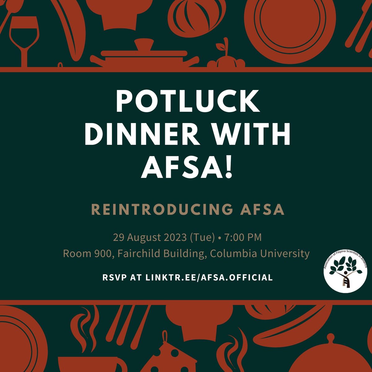 Hello #AFSAmilya! If you’re around the NYC area, join us for our back to school potluck dinner and general meeting! :)

We’re excited to re-introduce AFSA to y’all! See you real soon Filipino Scientists! 🌱🫶🏽🇵🇭

RSVP linktr.ee/afsa.official