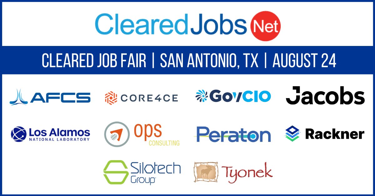 ClearedJobsNet's tweet photo. We hope to see you tomorrow in San Antonio at our All Clearances #ClearedJobFair to meet with recruiters from @afcivilian @core4ce @GovernmentCIO @JacobsConnects @LosAlamosNatLab @OPS_Consulting @PeratonCorp @racknerco @SilotechGroup &amp; Tyonek. Register: https://t.co/C76VGoQVqA https://t.co/QZfRxTTJnC