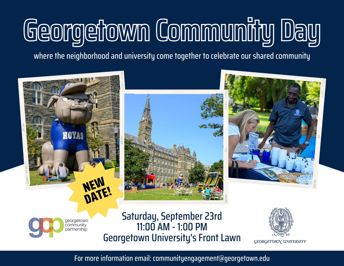 Save the date for @Georgetown Community Day - a day of fun, family-friendly festivities, including face painting, music, & a community picnic with free food! Featuring local schools, churches, organizations, govt agencies, & GU departments with giveaways + ways to get involved!