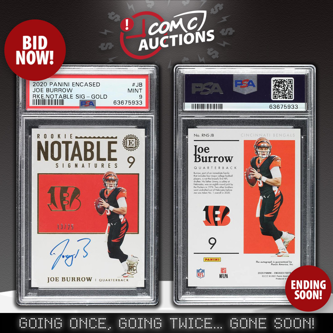 CheckOutMyCards's tweet photo. 🚨 Calling all @Bengals fans! 🏈  You don't want to miss out on this 2020 Panini Encased Rookie Notable Signatures Gold of Joe Burrow, numbered 13/25 &amp; graded PSA 9 MINT! 😍🐅

Bid now, this card ends on Friday! https://t.co/0kY858LnOq

#COMCAuctions #PSA https://t.co/A6nUHRBXov