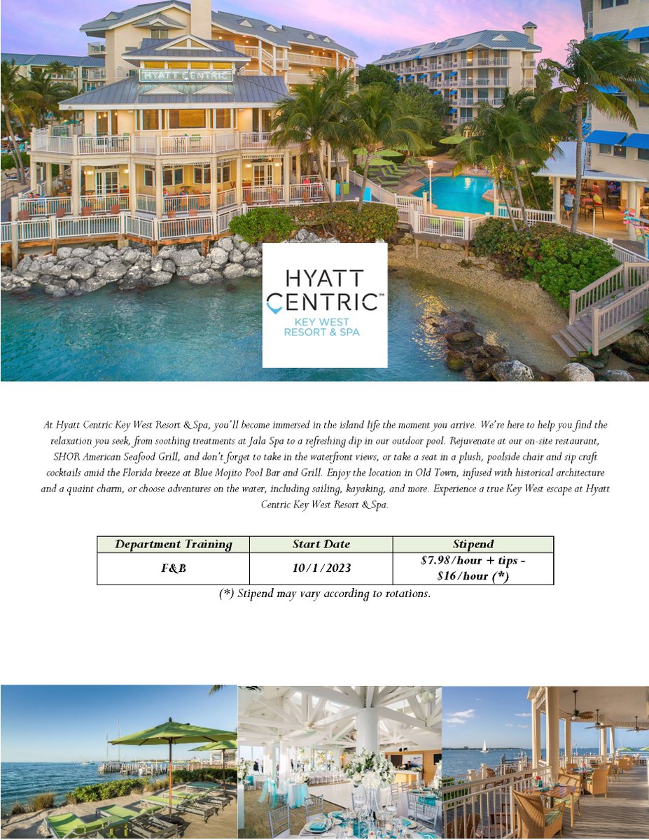 J1Training's tweet photo. Hello Hoteliers,

Hyatt Centric Key West Resort &amp; Spa, Florida is looking for Food and Beverage management in trainees.

To apply please forward your updated resume to talents@j1training.org or fill up an application form online at https://t.co/VM6xpr1la3. https://t.co/ZqEcQU7J1n