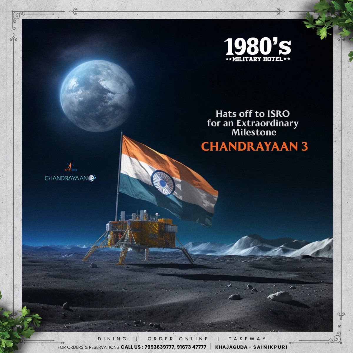 1980smilitary's tweet photo. Truly Historic Moment 🇮🇳 Congratulations ISRO 🚀

#1980sMilitaryHotel #Hyderabad #Manikonda #Sainikpuri #Khajaguda #Chandrayaan3 #ISRO #VikramLander #Moon https://t.co/2KDjJqW2On