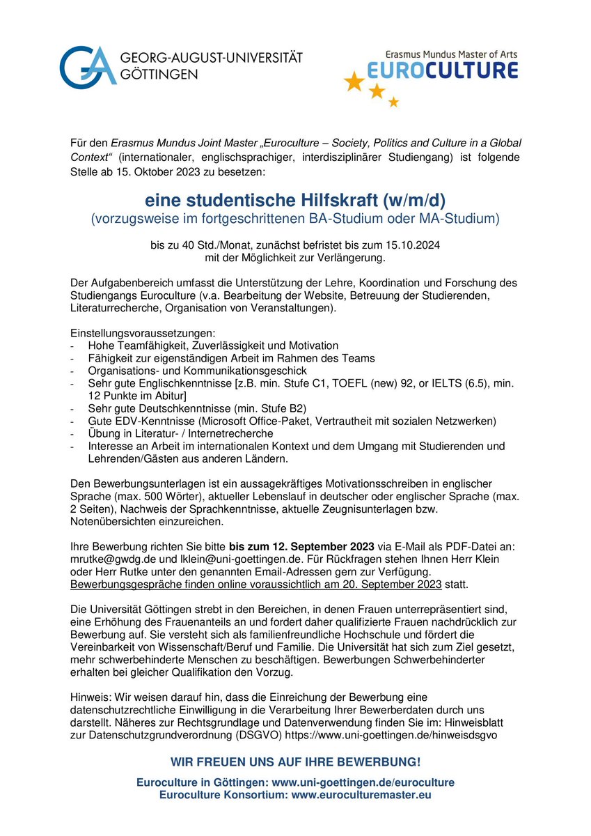 eucugoe's tweet photo. Stellenausschreibung - studentische Hilfskraft bei #Euroculture @uniGoettingen 👀 #hiwi #hiwistelle #studentischehilfskraft #job #offenestelle #jobangebot #ausschreibung #stelle #position #unigoettingen #erasmus #erasmusmundus #erasmus 🇪🇺 https://t.co/yQmzQOUUKL