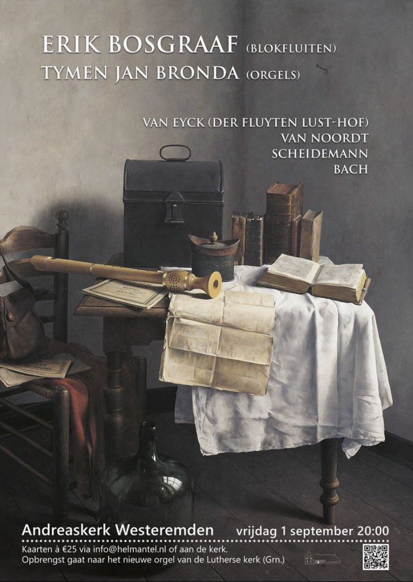 Op vrijdag 1 september geeft de beroemde blokfluitist een benefietrecital in de Andreaskerk van Westeremden. Hij wordt begeleid door organist Tymen Jan Bronda. Aanvang is 20 uur. 
Erik speelt oa op verzoek van de Helmantels uit 'Der Fluyten Lust-Hof' van Jacob van Eyck.
