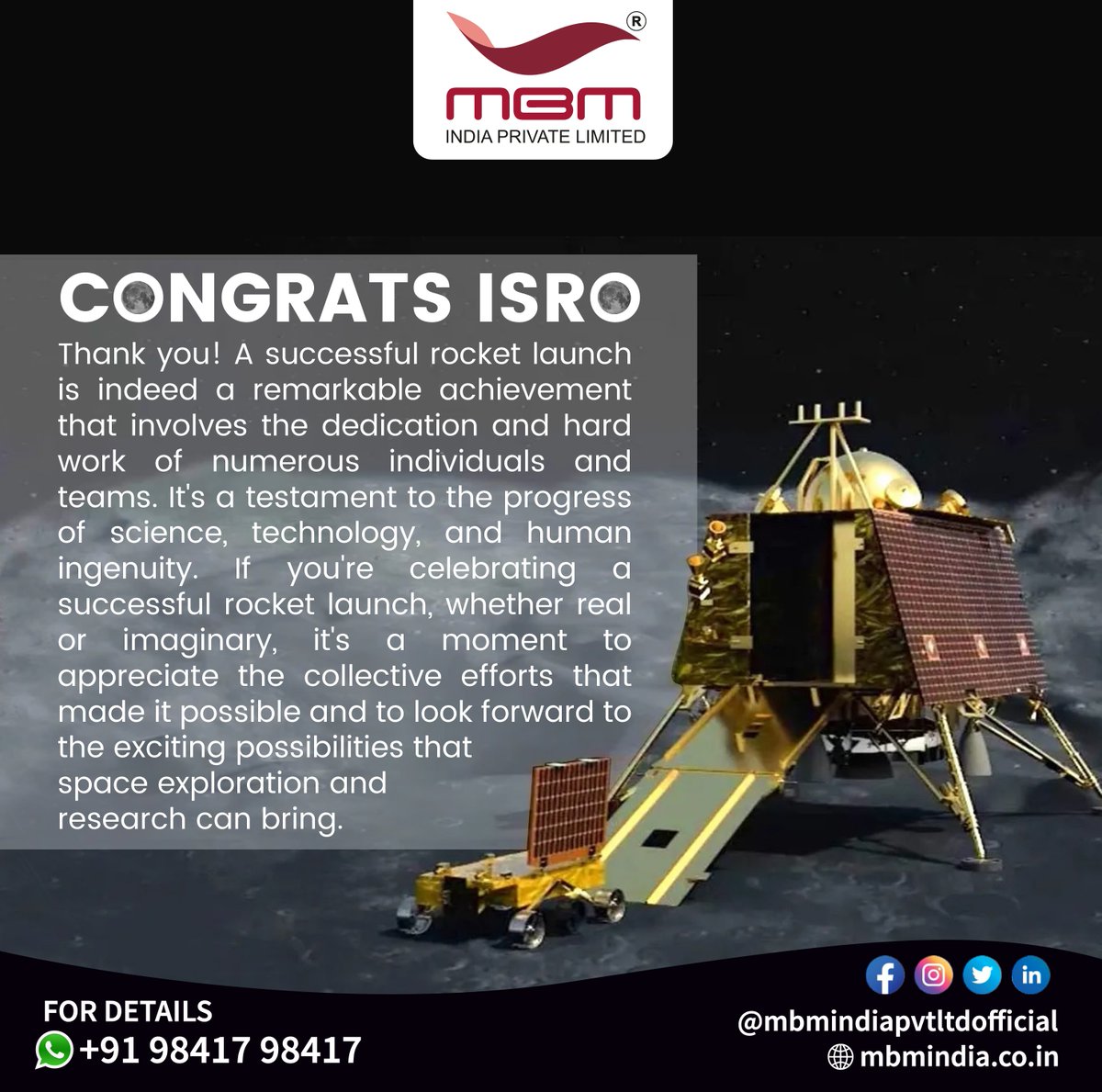 mbmindiapvt2's tweet photo. CHANDRAYAAN - 3🌙🚀SUCCESSFULLY LANDED 🎉CONGRATS ISRO👏🤝
#MBM #MBMCHAIRS #MBMINDIAPVTLTD #chandrayaan3 #lunarexploration #missionaccomplished #proudindianspace #incredibleindia #successfullylanded #achieved #isro #isroindia #rocket #rocketlaunch #chandrayaansuccess #moon #india https://t.co/9J5ridHGdr