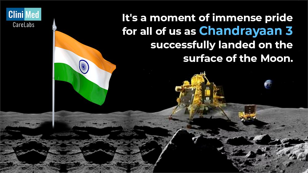 ClinimedCareLab's tweet photo. We are excited and proud of our country as Chandrayaan 3 successfully landed on the surface of the Moon, a remarkable achievement for our country.

#Chandrayaan3 #Chandrayaan3Landing #ProudtobeIndian #ProudMoment #clinimedcarelabs https://t.co/oJPSjKc2jJ