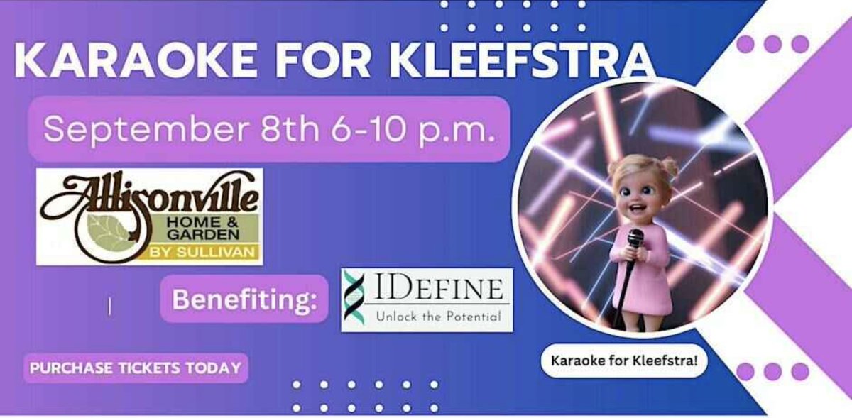 kwdougherty's tweet photo. We’re getting excited for the “Karaoke For Kleefstra” fundraiser we’re throwing September 8 in Fishers. All funds will benefit iDefine, which has been a huge help in our journey after getting Charlotte’s #Kleefstra Syndrome diagnosis.
https://t.co/ZfVqg3v1fX https://t.co/QhlqvcU1bJ