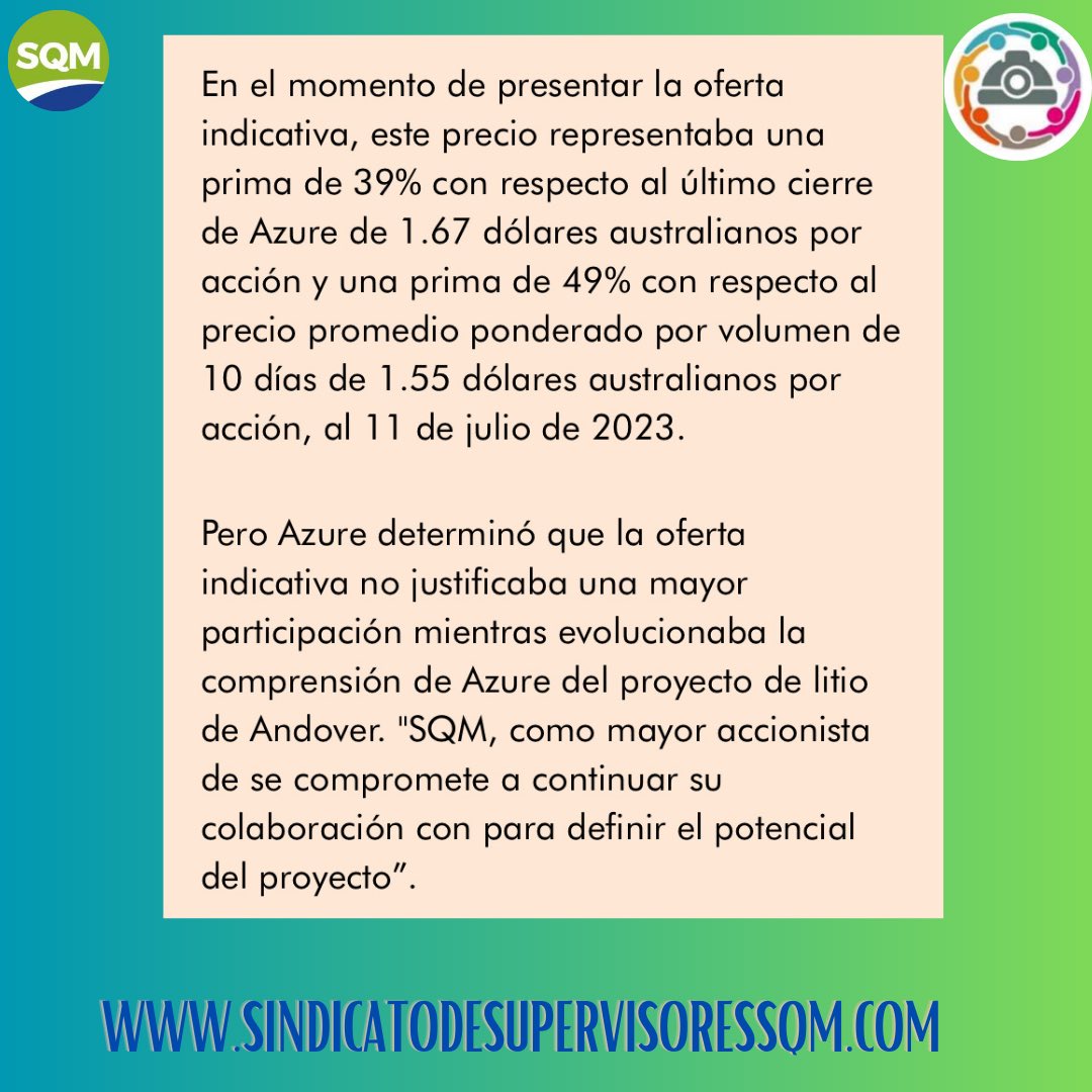 supervisoressqm's tweet photo. SQM inició las conversaciones para adquirir el control de la australiana Azure Minerals Limited, una compañía junior que desarrolla proyectos de litio en Australia Occidental. https://t.co/AbmgiScoOC