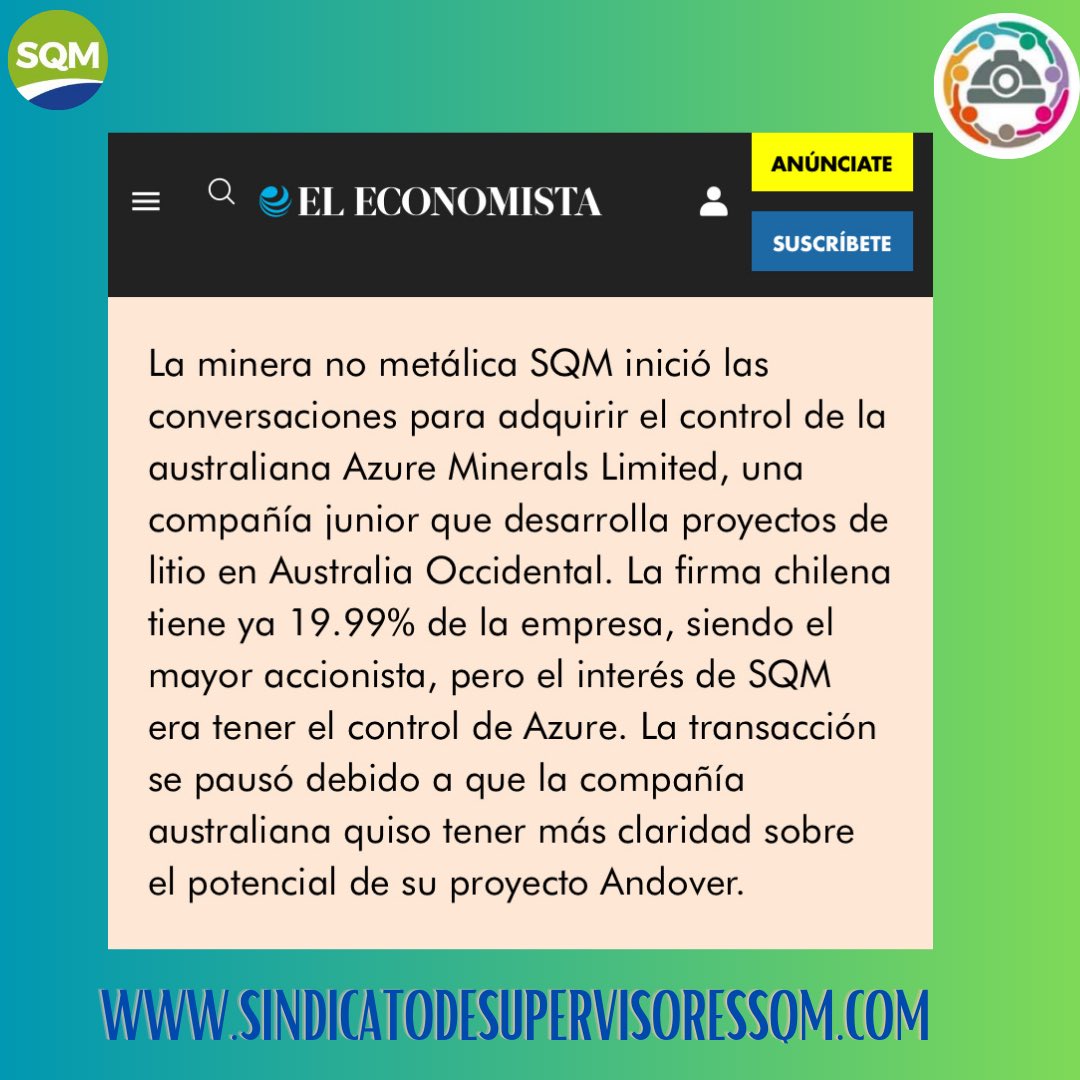 supervisoressqm's tweet photo. SQM inició las conversaciones para adquirir el control de la australiana Azure Minerals Limited, una compañía junior que desarrolla proyectos de litio en Australia Occidental. https://t.co/AbmgiScoOC