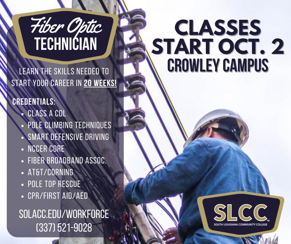 solaccofficial's tweet photo. 🔌Get connected to a new career as a Fiber Optic Installation Technician!
Classes start on October 2 at SLCC's Crowley campus. You may qualify for tuition assistance for this course, so contact us today at 337-521-9028
👉https://t.co/J6ZNzkMRzz
#SLCCCrowley #FiberOptic #CTE https://t.co/OheBzEnldF