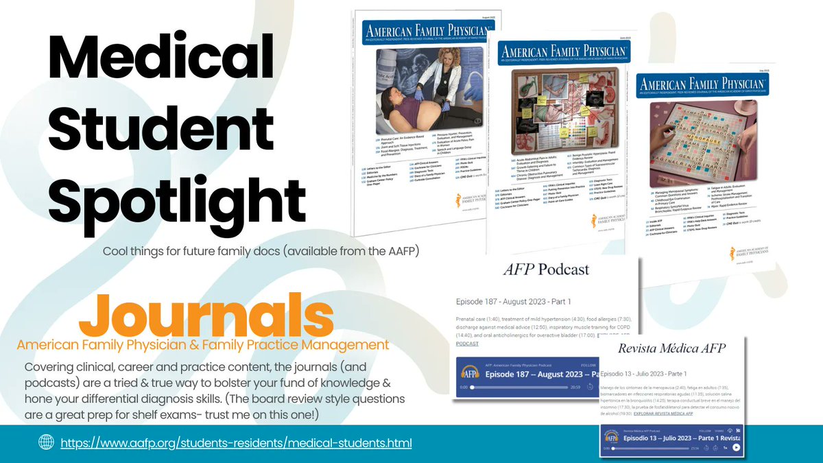 Margot Savoy MD, MPH, FAAFP (@margotsavoy) on Twitter photo Pro tip for future family docs: Use <a href="/AFPJournal/">Am Fam Physician</a> & <a href="/AFPpodcast/">AFPpodcast</a> are super helpful when prepping for shelf exams (and prepping for rounds)! And those board review questions (members-only access) are 👏 👏 👏
buff.ly/47BvXFV
#FMRevolution #AAFP #MedStudent #FamilyMedicine Pro tip for future family docs: Use <a href="/AFPJournal/">Am Fam Physician</a> & <a href="/AFPpodcast/">AFPpodcast</a> are super helpful when prepping for shelf exams (and prepping for rounds)! And those board review questions (members-only access) are 👏 👏 👏
buff.ly/47BvXFV
#FMRevolution #AAFP #MedStudent #FamilyMedicine