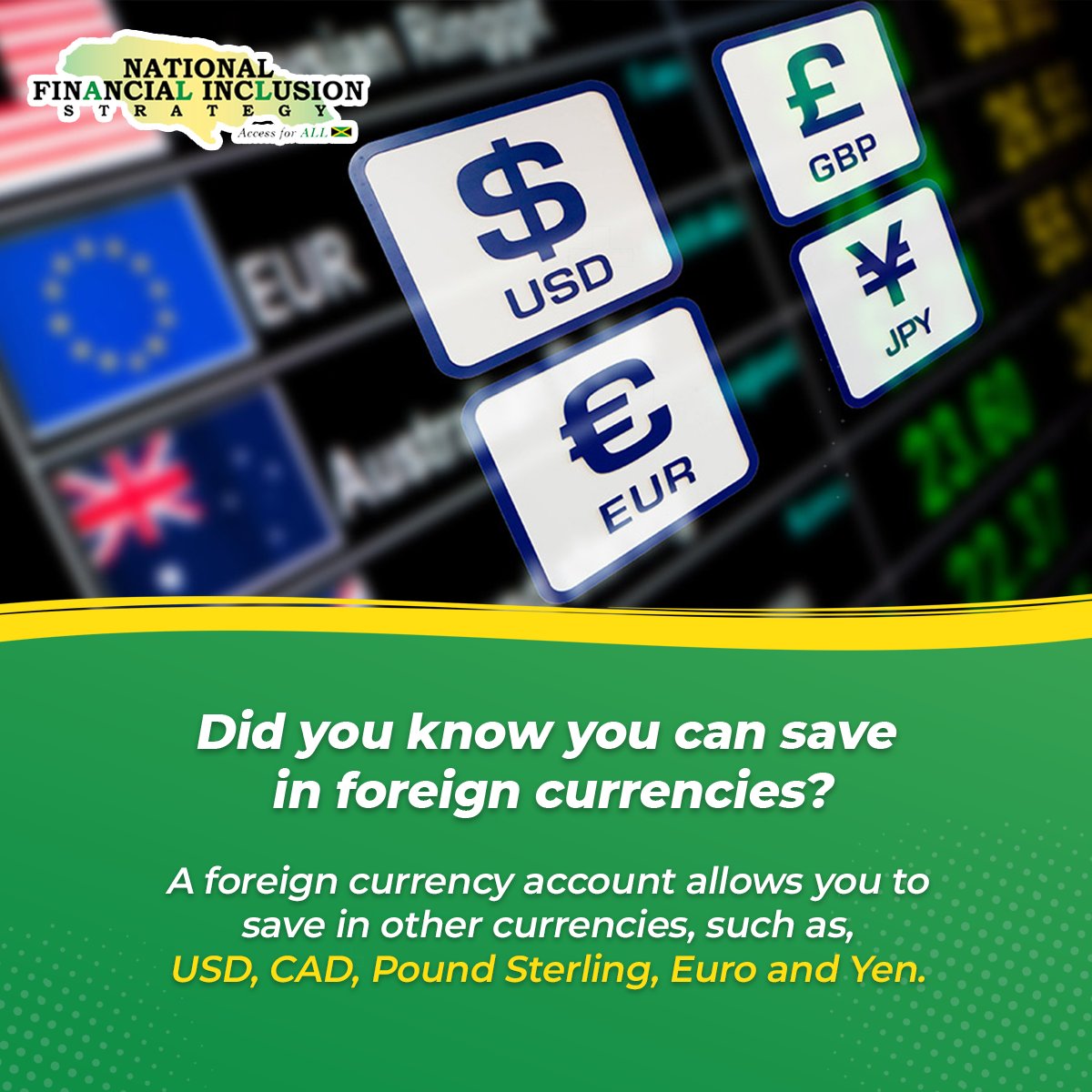 CentralBankJA's tweet photo. A foreign currency account allows you to save in other currencies, such as USD, CAD, Pound Sterling, Euro and Yen.
If you're interested in saving in foreign currencies, talk to your banker today for more details. #NFISexplained https://t.co/sHArVTLu3s