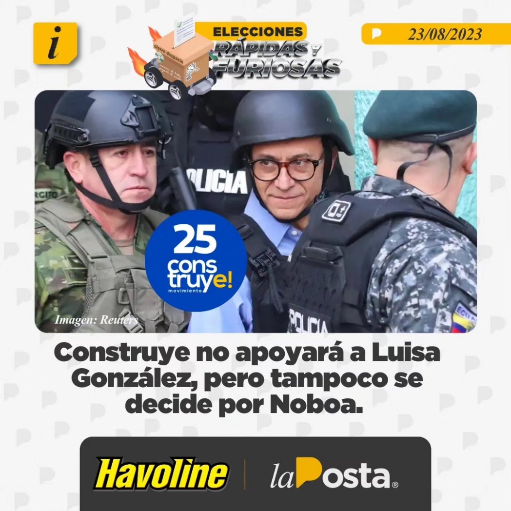 LaPosta_Ecu's tweet photo. Construye jura que no apoyará a Luisa González de la RC5, pero tampoco se inclina por Daniel Noboa. Según el movimiento, antes de darle su apoyo deberá conocer su postura sobre la creación de una comisión que investigue el asesinato de Fernando Villavicencio. @havolinedeport https://t.co/tKqgpy9mMm