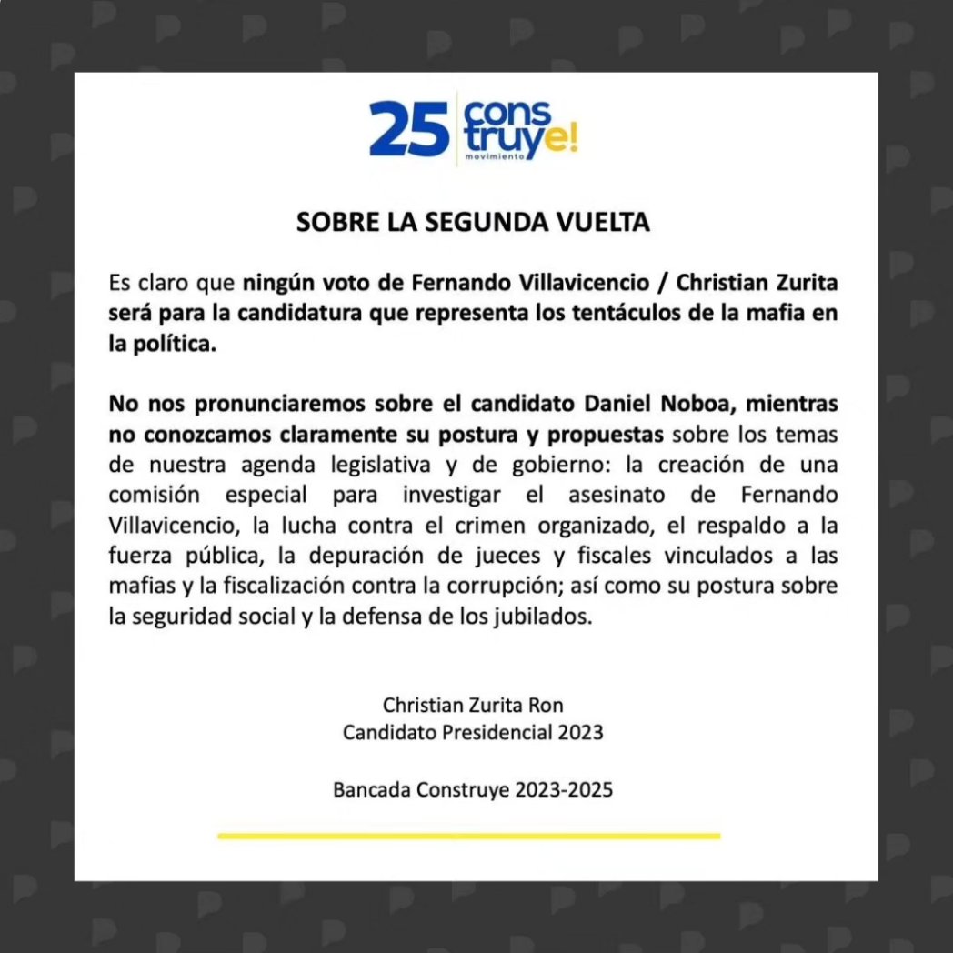 LaPosta_Ecu's tweet photo. Construye jura que no apoyará a Luisa González de la RC5, pero tampoco se inclina por Daniel Noboa. Según el movimiento, antes de darle su apoyo deberá conocer su postura sobre la creación de una comisión que investigue el asesinato de Fernando Villavicencio. @havolinedeport https://t.co/tKqgpy9mMm