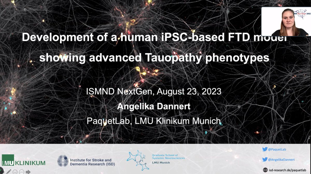 ISMND1's tweet photo. Now we have @AngelikaDannert @LMU_Muenchen discussing the development of a human #iPSC-based #FTD model showing advanced #tauopathy phenotypes

#ISMNDNextGen https://t.co/oyAV8K4weo