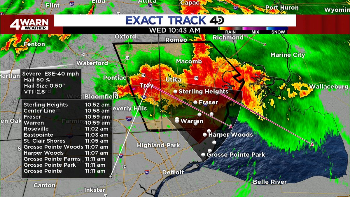 AshleeBaracy's tweet photo. Exact Track 4D - Latest tracker on the storms rolling through this morning. These get to NE Wayne County close to 11AM. #Local4 https://t.co/nIzCde5wT2