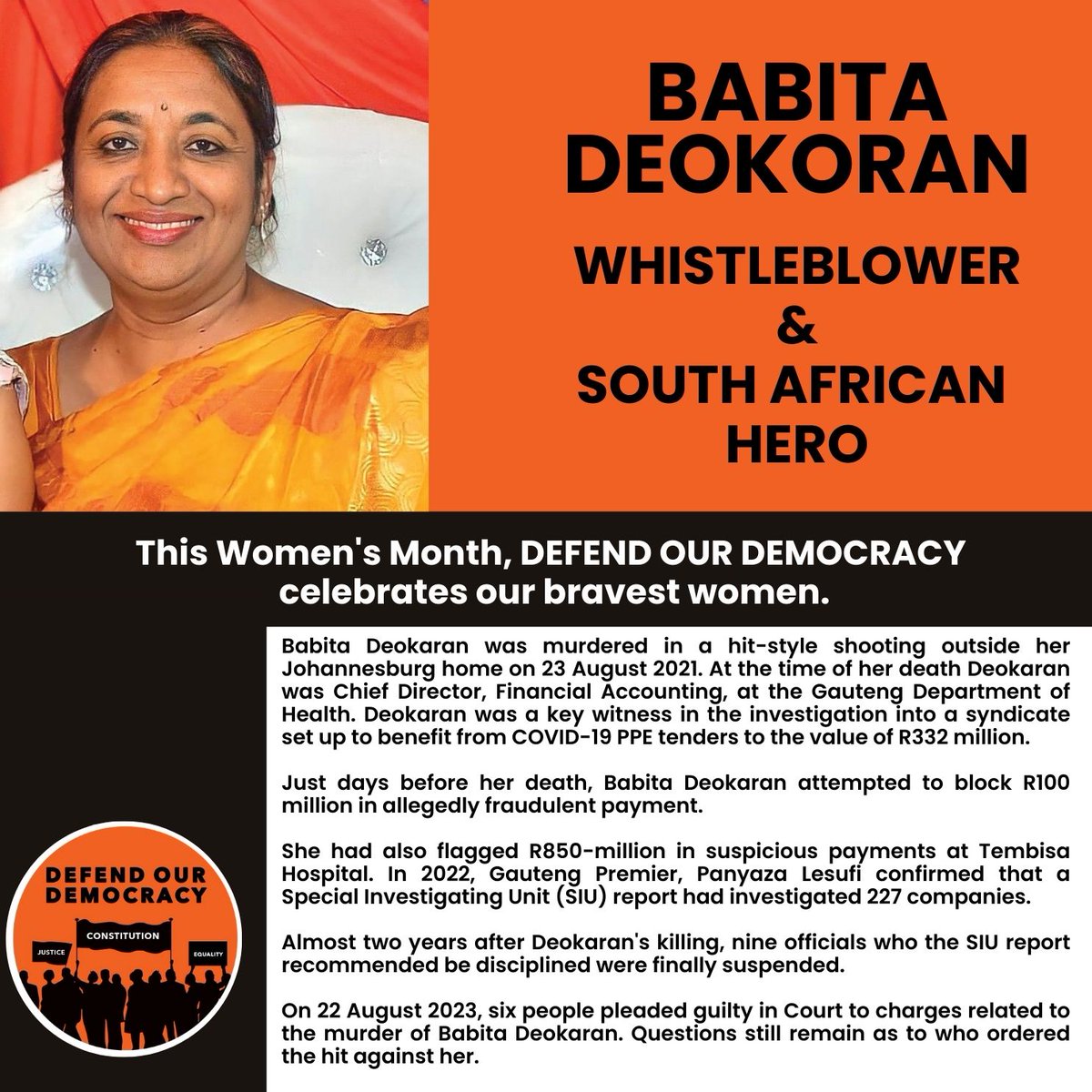 ForDemocracySa's tweet photo. This #WomensMonth, we honour #BabitaDeokaran's memory. On this day in 2021, she was shot dead in her driveway in JHB. She had just dropped her daughter off at school. Deokaran had uncovered questionable tenders at Tembisa Hospital worth hundreds of millions of Rands. #SAheroes https://t.co/uazL9ilWkl