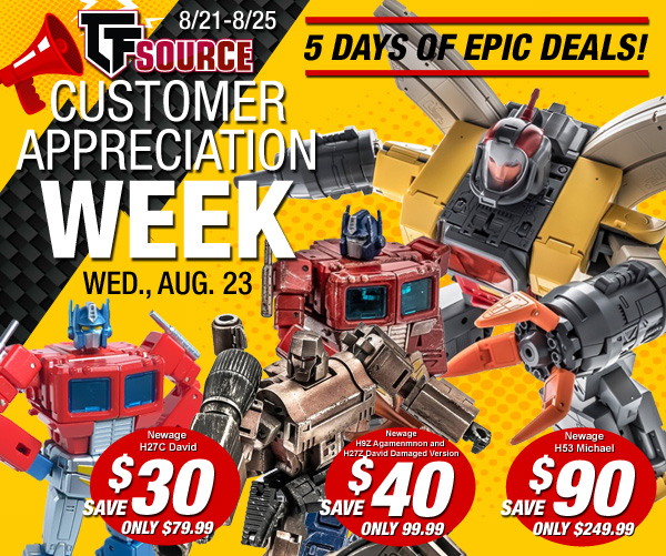 TFsource's tweet photo. C.A.W Day 3: 🥳Legendary deals on tons of Newage figures today only! Shop Now
https://t.co/SpR40xhnQk
NEW DEALS EVERY DAY. #tfsourcecaw https://t.co/E9ZCXtZDNu