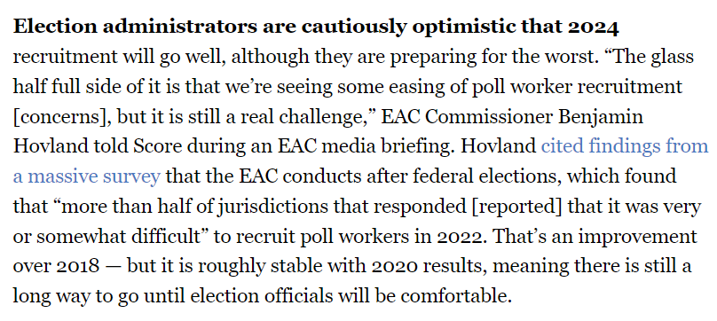 Today's big event: #NationalPollWorkerRecruitmentDay, of course! (A mouthful of a hashtag...) Election officials sounded the alarm about poll worker recruitment in 2020 and 2022. Will 2024 bring more problems? I dug into the issue in today's Score (💰) subscriber.politicopro.com/newsletter/202…