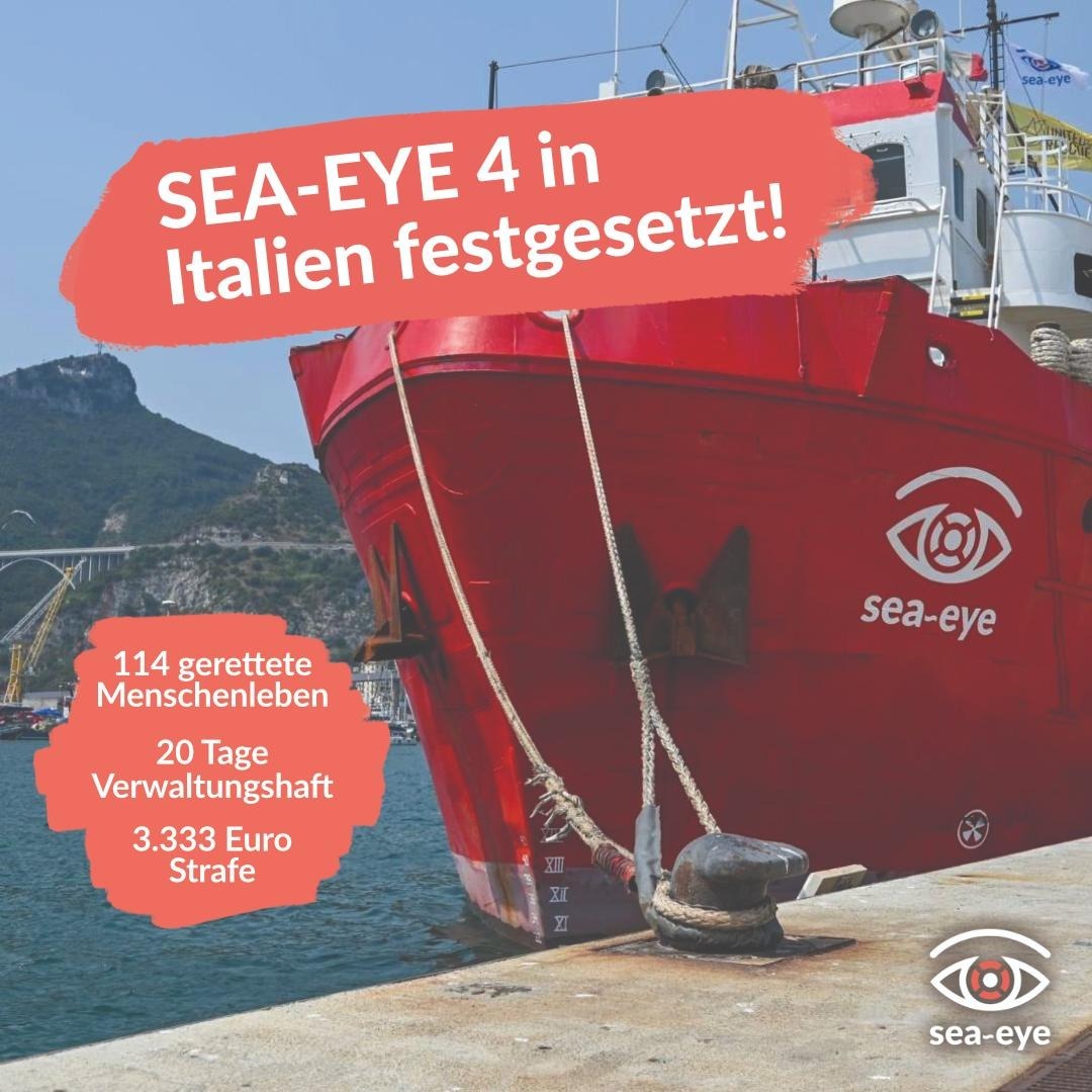 🔴 Nachdem die #SEAEYE4 die 114 Überlebenden in Salerno sicher an Land bringen konnte, wird unser Schiff nun erneut festgesetzt! 20 Tage Verwaltungshaft sowie 3333 Euro Bußgeld wurden durch die italienischen Behörden verhängt.