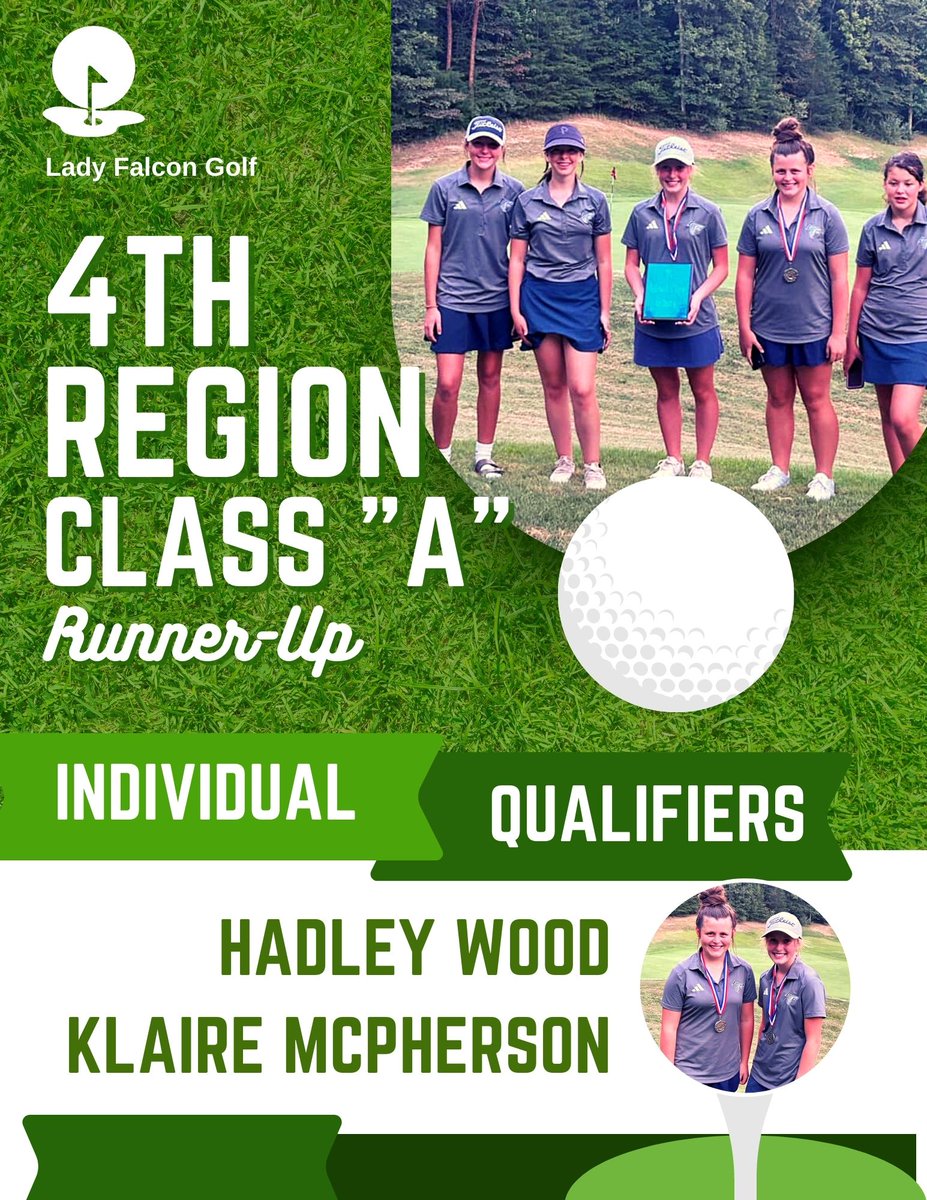 monroekyschools's tweet photo. Cheers to our Lady Falcon Golf Team for their impressive performance in the Region 4 Class "A" Golf tournament. A big shoutout to Hadley Wood and Klarie McPherson for qualifying as individuals for the Class "A" State Tournament! 🏌️♀️👏 #GoRoeGo https://t.co/ppLQQrfE9b