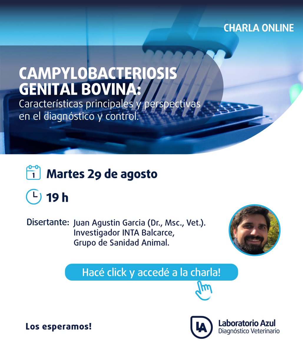 LaboratorioAzul's tweet photo. Charla ON LINE sobre #campylobacteriosis #bovina https://t.co/MB59glsIL6 https://t.co/cEAuzCRkT3