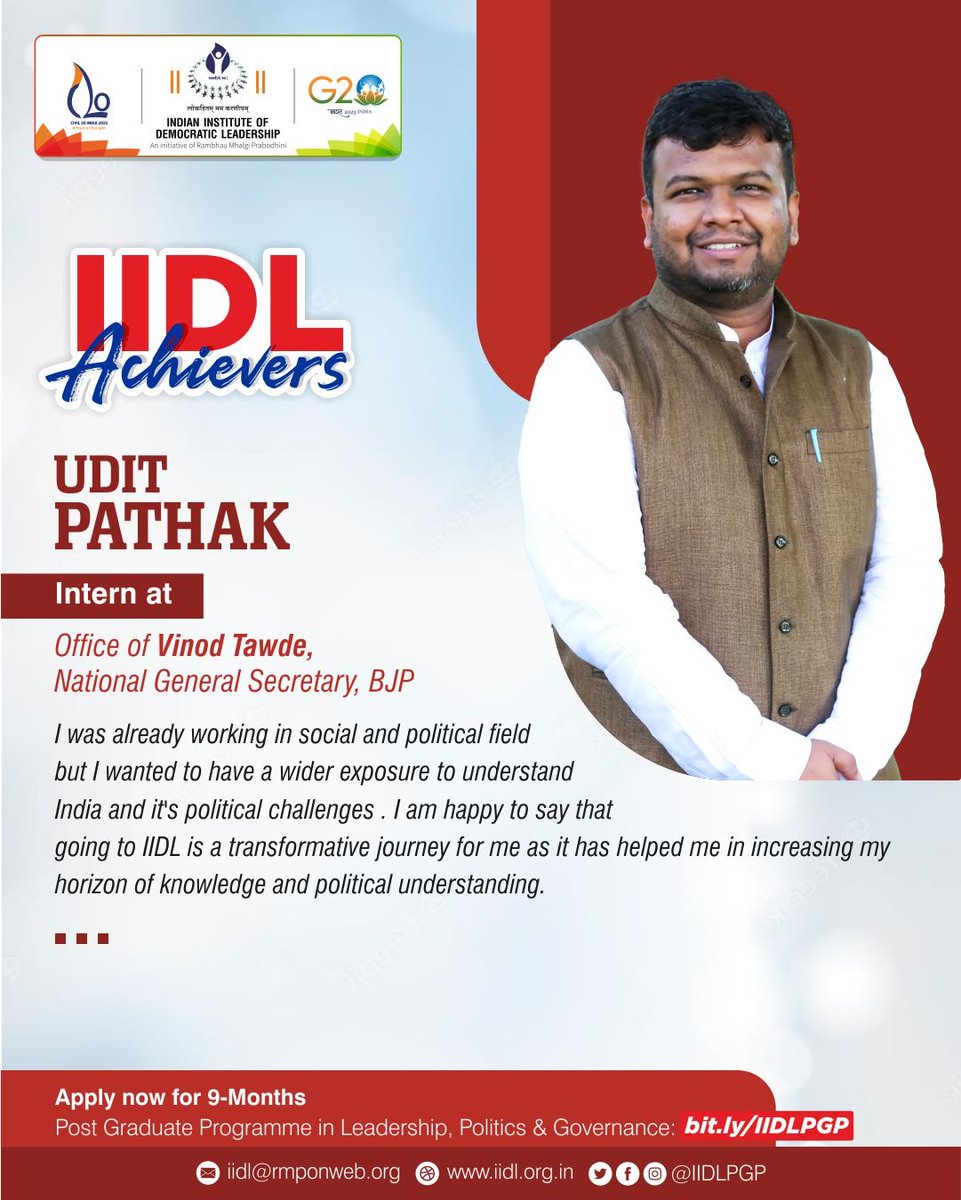 iidlpgp's tweet photo. #IIDL- Indian Institute of Democratic Leadership’s Batch 6 student -@umpspeaks shares his #IIDLExperience
After PGP, he's an Intern at Office of @TawdeVinod
You can be one of the #IIDLAchievers too.
Apply now to #JoinIIDL's PGP 2023-24 Batch➡️ https://t.co/MN4lJeNlG0
#IIDLPGP https://t.co/q6rNNk0Giw