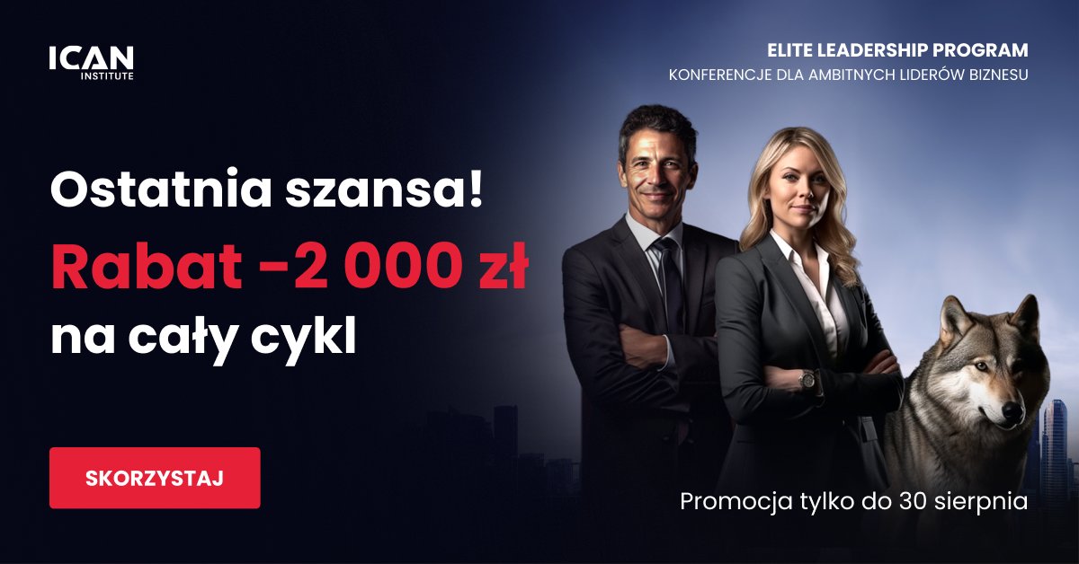 ICAN_Institute_'s tweet image. 🧠 Tylko do 30.08 dla osób, które zdecydują się na zakup całego cyklu 5 konferencji #EliteLeadershipProgram przez stronę ICAN mamy RABAT: -2000 PLN. To ostatnia taka promocja!
🎉 Kup już teraz: bit.ly/3NppS68

#wydarzeniaICAN #LiderPrzyszłości #rozwój #KompetencjeLidera