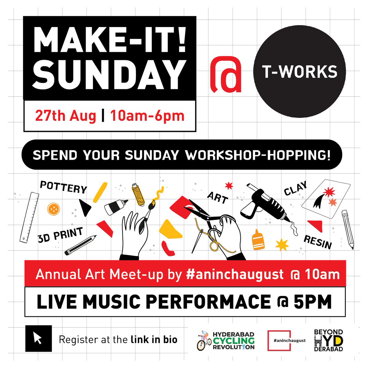 TWorksHyd's tweet photo. T-Works is collaborating with Beyond Hyderabad and An Inch August to host "Make it! Sunday", an event to celebrate the artist in us. Join us on 27th August to explore various workshops, learn a new skill and network.
Register now - https://t.co/1jhicQTAcQ https://t.co/2n0BqXoHui