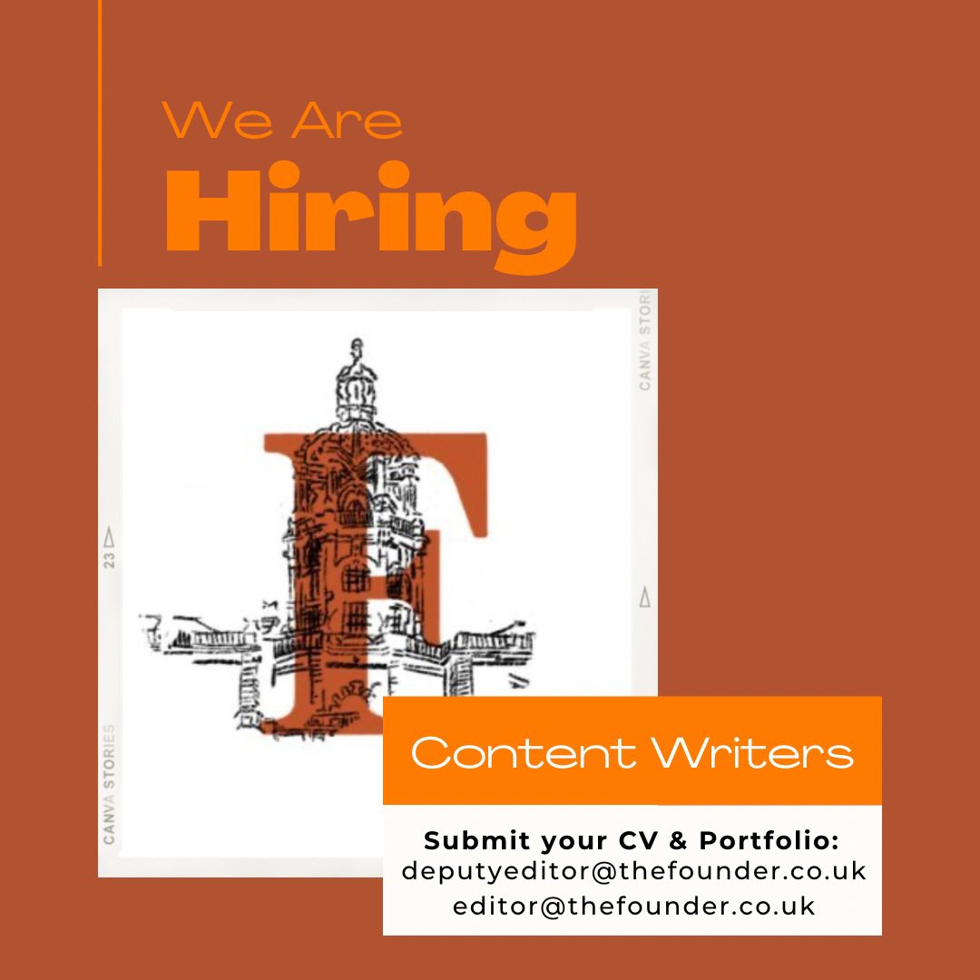 rhulfounder's tweet photo. 🗞️Applications are now open for content writers 2023/2024! 🗞️Applications will close September 22nd.

Please send your writing portofolios and CV to: 

Editor@thefounder.co.uk
Deputyeditor@thefounder.co.uk

Or access this link👇🏻
https://t.co/FJeuUs2sqj https://t.co/KQtwOVyZXP