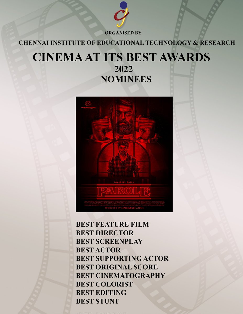 Cinema at its Best (@cinemaatitsbest) on Twitter photo #CAIBAWARDS 2022
#PAROLE WITH 10 NOMINATIONS INCLUDING #BESTFEATUREFILM & #BESTDIRECTOR
<a href="/tripr_entertain/">TRIPR Entertainment</a>
<a href="/iamdwarakh/">Dwarakh Raja</a>
<a href="/Oscl8r1/">Rajkumar Amal</a>
<a href="/linga_offcl/">Linga</a>
<a href="/Magesh_DOP/">Magesh</a> #CAIBAWARDS 2022
#PAROLE WITH 10 NOMINATIONS INCLUDING #BESTFEATUREFILM & #BESTDIRECTOR
<a href="/tripr_entertain/">TRIPR Entertainment</a>
<a href="/iamdwarakh/">Dwarakh Raja</a>
<a href="/Oscl8r1/">Rajkumar Amal</a>
<a href="/linga_offcl/">Linga</a>
<a href="/Magesh_DOP/">Magesh</a>