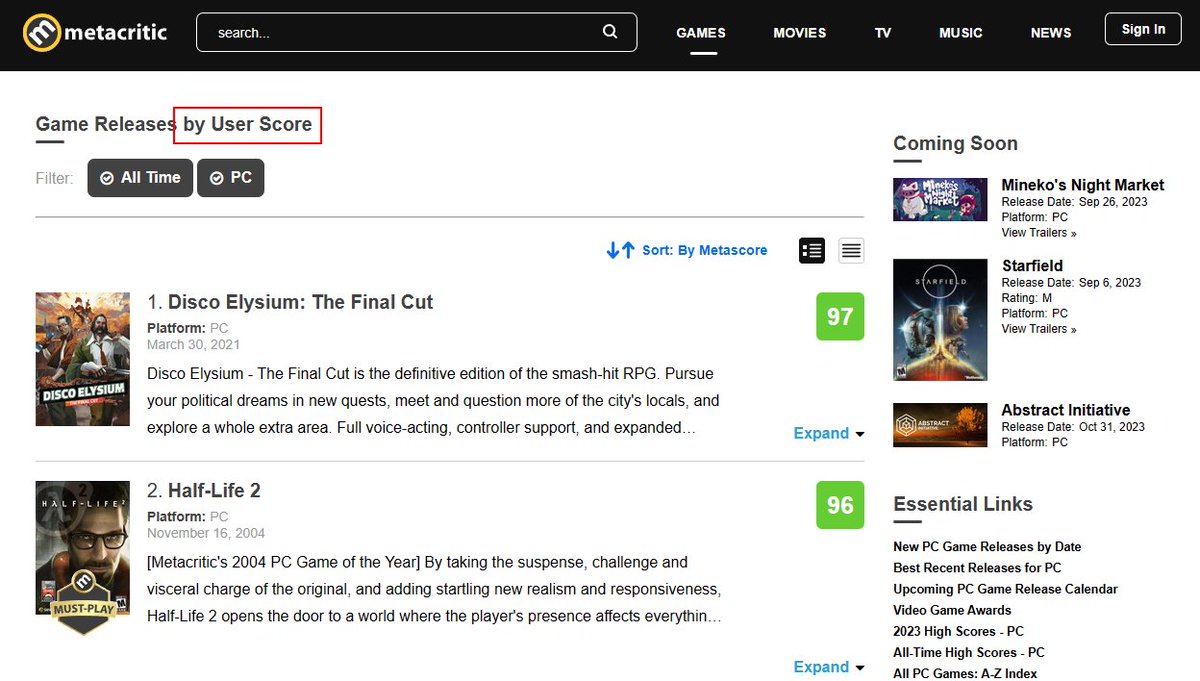 Rorrim_'s tweet photo. @metacritic hey, did you know that there is an error in a label on your website? It should say "by Metascore" and not "by User Score" (as you can see I'm looking at the metascores in the screenshot). :) https://t.co/ubWOPLXudV