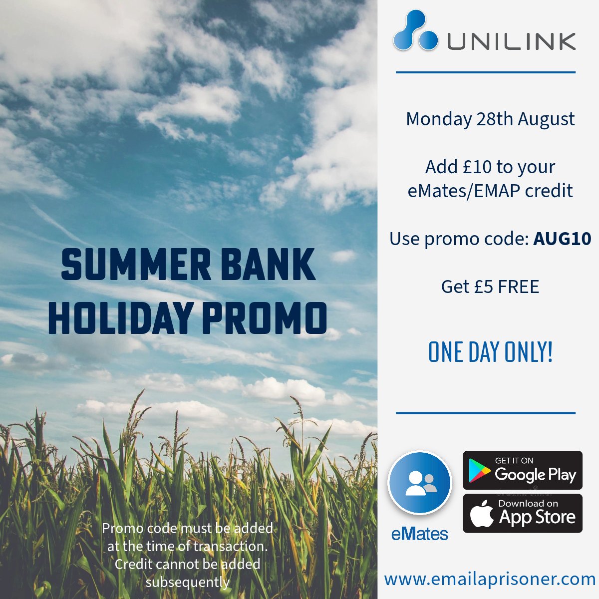 PrisonTechnolog's tweet photo. โ๏ธSummer Bank Holiday Promotionโ๏ธ
Mon 28th Aug - ONE DAY ONLY!
Get ยฃ5 free credit when you add ยฃ10 credit to your eMates/Email a Prisoner & use the promo code: AUG10
Promo code must be added at the time of transaction Credit cannot be added subsequently
https://t.co/ncUWwa10rO https://t.co/Sgue4k9eCr