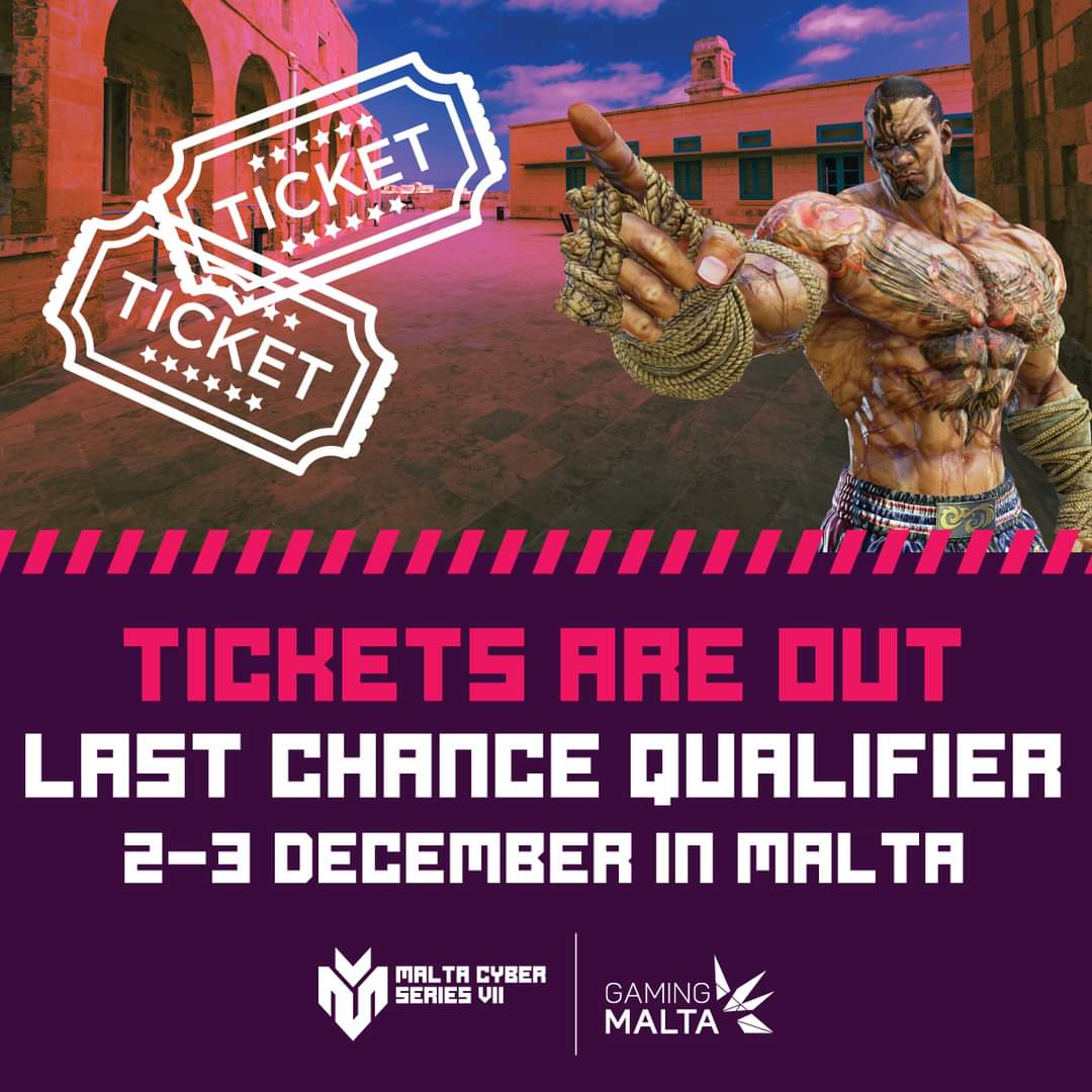 gmr_mt's tweet photo. Early Bird Tickets for the Last Chance Qualifier of the Malta Cyber Series VII are now available❗ 

This will be the last big Tekken 7 tournament in Europe 🏆

📅 2-3 December 2023
📍 MFCC, Malta

🎟️ Tickets: https://t.co/NafblKdusk

#tekken7 #bandainamco #fgc #esports #malta https://t.co/oUkKgIJSik